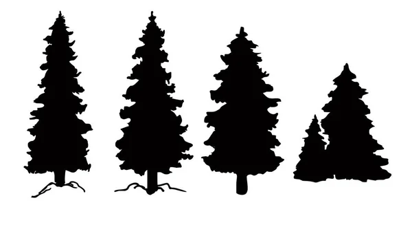 Set of vector Christmas tree silhouettes, traced outline, detailed silhouette of fir trees. Pine trees, conifers silhouettes Stock Vector