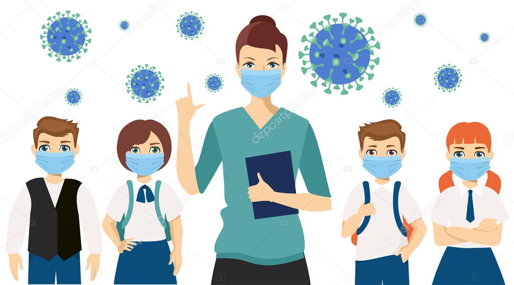 Teacher and children wear a medical face mask. Preventing disease, Covid-19. Boys and girls wearing sanitary masks. Prevent Pollution with a health mask. Vector illustration isolated.