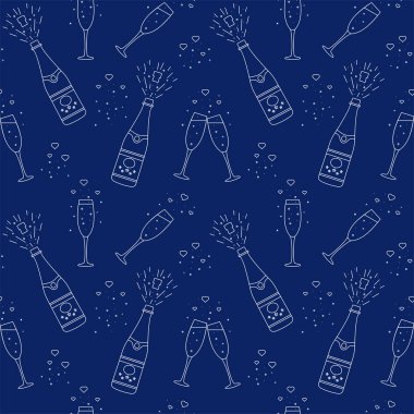 Şampanya, kusursuz desen. Bir bardak ve bir şişe şampanya. Çizgi çizme. Vektör illüstrasyonu