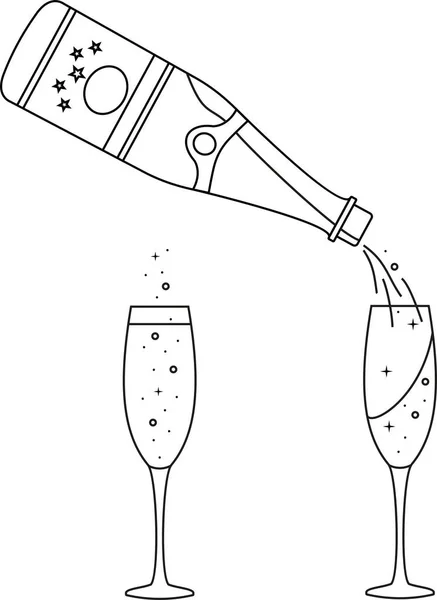 Champagner-Doodle-Symbol. Glas und eine Flasche Champagner. Linienzeichnung. Vektorillustration — Stockvektor