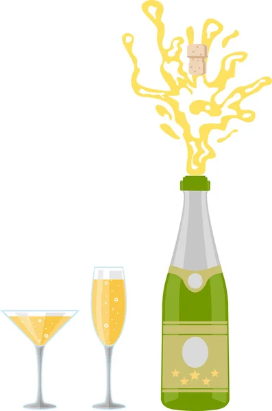 グラスでシャンパンボトル、フラットデザインのモダンなベクトルイラスト。未開封のシャンパンボトル。ベクトル・アイコン。乾杯！。お祝いだ。祝杯だ。平図 — ストックベクタ
