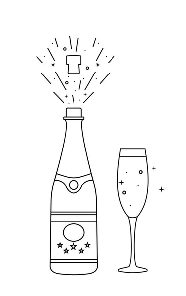 ガラスとシャンパンのアイコンのボトル。線画だ。ベクターイラスト — ストックベクタ