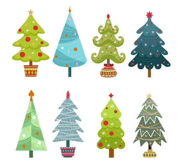 Gyűjteménye karácsonyfák, modern lapos design. Szilveszter és karácsony hagyományos szimbólum fa koszorúkkal, villanykörte, csillag. Nyomtatott anyagokhoz - szórólapok, plakátok, névjegykártyák vagy web. — Stock Vector