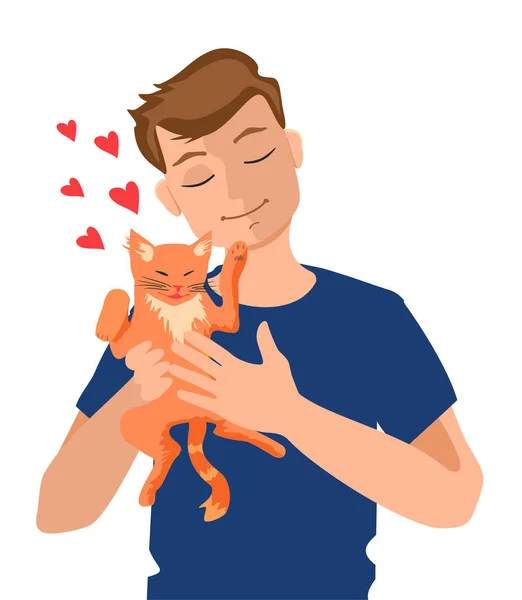 Boy memeluk kucing hewan peliharaan vektor ilustrasi. Pria muda yang bahagia dengan citra hewan peliharaan. Pemilik hewan peliharaan kucing mencirikan hewan domestik dan bermain sebagai pemilik sahabat. Ilustrasi vektor - Stok Vektor