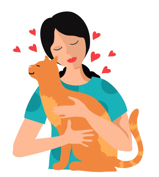 Gadis memeluk kucing hewan peliharaan vektor ilustrasi. Gadis bahagia dengan gambar hewan peliharaan. Pemilik hewan peliharaan kucing karakter.hewan domestik dan pemilik bermain sahabat - Stok Vektor