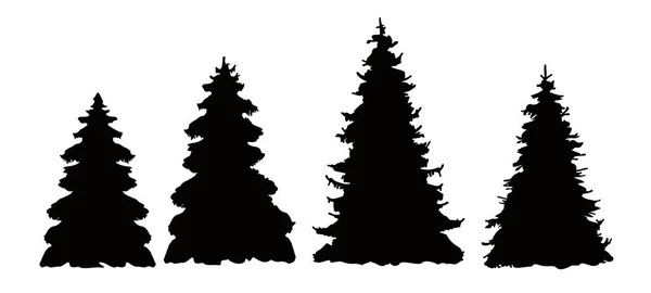 Set di sagome di alberi di Natale vettoriali, sagoma tracciata, sagoma dettagliata di abeti. Pinete, sagome di conifere — Vettoriale Stock