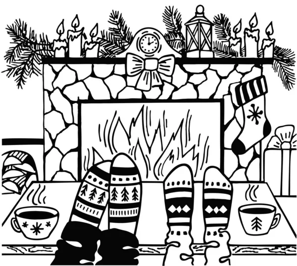 在圣诞壁炉边穿上羊毛袜。圣诞壁炉，圣诞和新年寒假礼物，圣诞长袜和冷杉花环，时钟和蜡烛。圣诞假期的概念. — 图库矢量图片