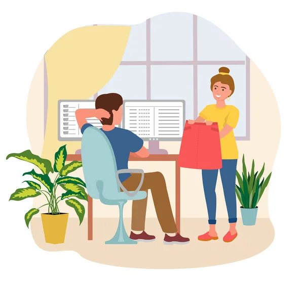 Remote work disadvantages. Pretty woman distracting man from work vector flat illustration. Modern man working remotely from home use computer. — Stock Vector