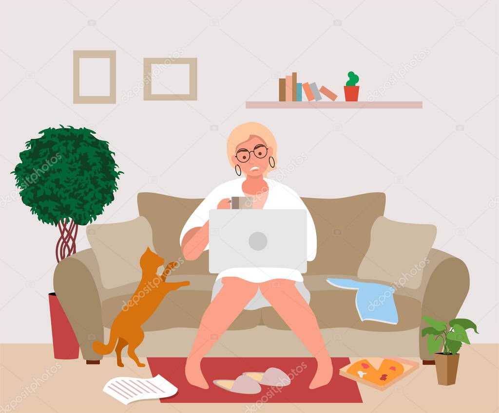 Freelance woman working online in living room sitting on soft couch. Remote work from home. Stress, disadvantages of working from home. Loss of productivity. Flat Vector illustration
