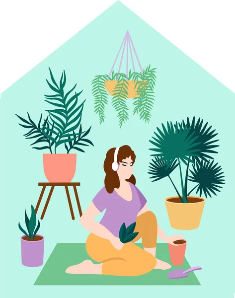Genç bir kadının ev aktivitesi. Kız, ev bitkileri yetiştiriyor, bahçecilik yapıyor ve ekiyor. Vektör düz çizim. Beyazda izole edilmiş. — Stok Vektör