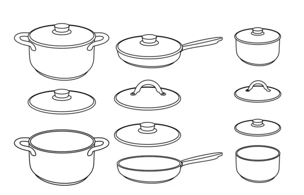 Pans bosquejo iconos. Vector dibujado a mano línea pan elementos para la cocina, siluetas de dibujos animados negro de objetos macetas. Ilustración de cocina bosquejado conjunto de artículos aislados sobre fondo blanco — Archivo Imágenes Vectoriales