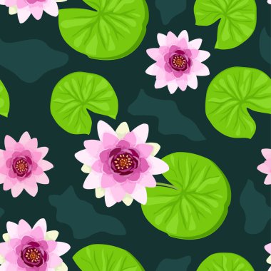Nilüfer çiçekli kusursuz desen. Su zambağı dekoratif çizimi. Tropikal bitkiler pürüzsüz desen. Suyun üzerinde güzel bir nilüfer çiçeği var. Güzel Lily Lotus. vektör illüstrasyonu.