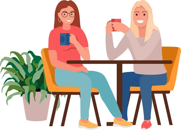 Vriendinnen drinken koffie in een café. Lunchpauze. Twee meisjes. Vector platte illustratie. — Stockvector