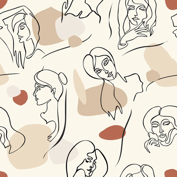 Visages abstraits modernes motif sans couture. Contour contemporain silhouettes féminines. Taches colorées. Illustrations vectorielles tendances dessinées à la main.Ligne continue, dessin des visages, concept de mode. — Image vectorielle