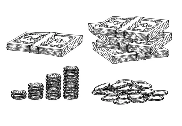 Finance, peníze. Černá čára černého inkoustu, staře zlatá. Skica hromádky mincí, papírových peněz, mincí na různých pozicích. Černobílé ručně kreslené vektorové ilustrace. — Stockový vektor