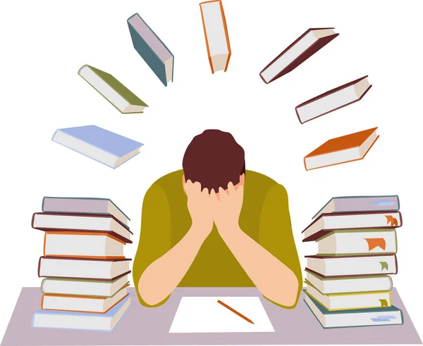 Estudiante cansado. Estrés mental, educación, preparación, frustración, concepto de aprendizaje. Cansado deprimido frustrado chico estudiante tiene miedo antes del examen o pruebas universitarias. Tiempo estresante en el proceso de estudio. — Vector de stock