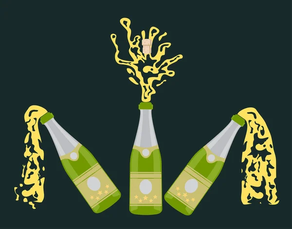 Er worden verschillende flessen champagne geopend. Afbeelding op een donkere achtergrond. Vectorillustratie — Stockvector