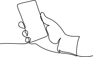 Modern cep telefonu kullanarak sürekli el çizimi. Sürekli el ele tutuşan telefon ya da akıllı telefon çizimleri. Vektör illüstrasyon minimalist tasarım akıllı mobil teknoloji teması.