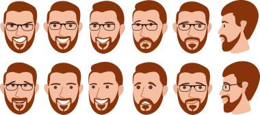 Farklı yüz ifadeleri olan sakallı adam vektör illüstrasyonunu ayarladı. Bir dizi farklı duygu, erkek karakter. Çeşitli yüz ifadeleri olan yakışıklı adam emojisi. Beyaz arkaplanda izole