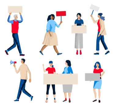 Protestocular hazır. İnsanlar pankart tutuyor. Pankartlı aktivistler, barışçıl hak protestoları, tezahüratlar, kadın ve erkekler katılım vektör ilüstrasyonu setini teşhir ettiler. Geçit hakları, grev, grev.