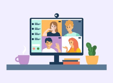 Video konferans konsepti çizimi. Birbirine bağlanan, telekonferansla öğrenen veya buluşan insanlar, bilgisayarla çalışan video konferans kumandası, evden çalışma, yeni konsept.