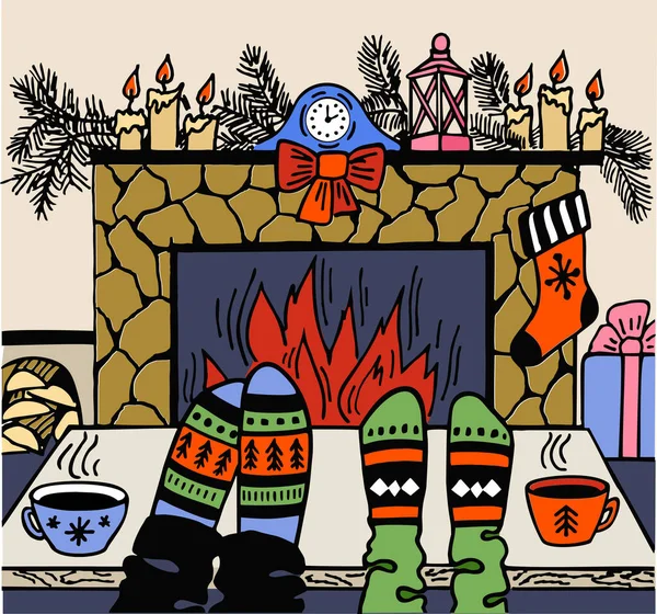 病媒是寒假的例证.圣诞快乐，新年快乐，穿着毛袜，站在圣诞壁炉边。圣诞节和新年寒假礼物的圣诞壁炉. — 图库矢量图片
