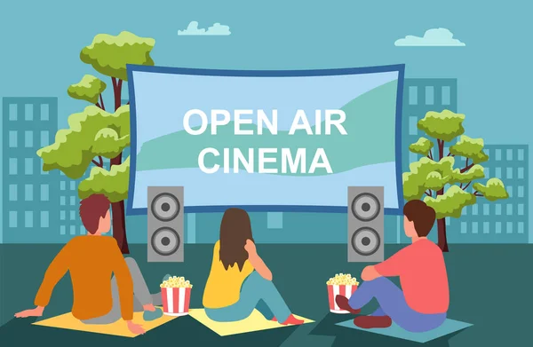 Le cinéma en plein air. Soirée cinéma entre amis. Regarder un film sur grand écran avec système audio. Cinéma en plein air, cinéma en plein air, concept d'équipement de théâtre arrière-cour. Détente extérieure. — Image vectorielle