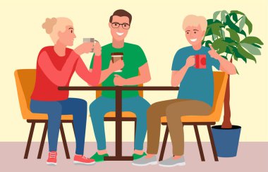 Arkadaş çevresi. Kafedeki insanlar. Arkadaşlar birlikte yer ve içerler. Arkadaşlar bir kafede birlikte iyi vakit geçirdiler. Vektör erkek ve kadın karakterler kahve ya da çay içip birbirleriyle konuşuyorlar..