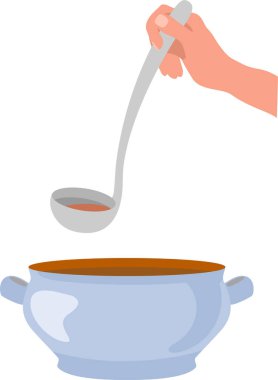 Bir kepçeyle. Mutfak aksesuarı. El kepçesiyle çorba kepçesi. Metalik mutfak aksesuarı. Çorba kepçesi mutfak aleti..