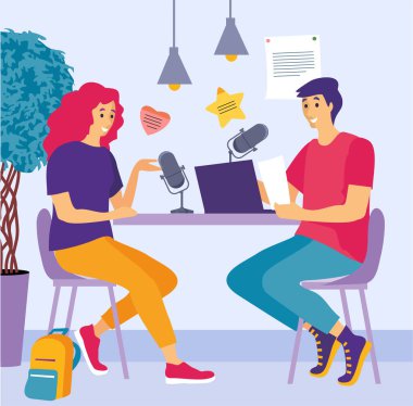 İnsanlar ses podcast 'i ya da çevrimiçi gösterim vektörü düz illüstrasyonunu kaydediyor. Radyo sunucusu, röportaj misafiri, kitlesel medya yayını beyazdan izole edildi. Podcast konsepti. Görüşme, stüdyoda kayıt.