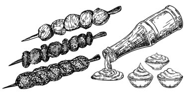 Domates soslu lezzetli kebap. Donör kebap malzemelerinin vektör çizimi. Izgara barbekü yemeği. Şiş sette ızgara kebap. Beyaz arkaplanda elle çizilmiş illüstrasyon