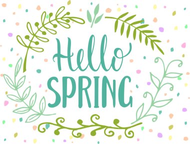 Paskalya çelenkleri. Tatil logosu etrafında çiçek açan karikatür renkli dallar ve bahar gününün tatlı unsurları. Beyaz arkaplanda izole edilmiş güzel dekorasyonun vektör illüstrasyonu