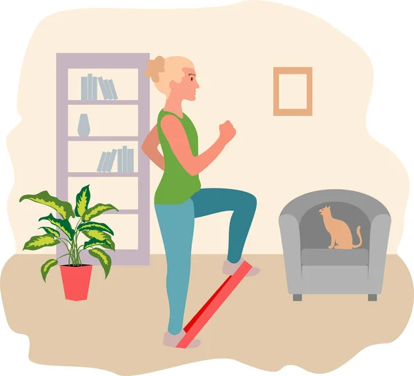 Mujer ejercitándose con una banda de resistencia en casa. Entrenamiento con un bucle de resistencia. Dama trabajando en los músculos de sus piernas. Deportes en casa. Ejercicios. Ilustración de estilo plano vectorial en fitness. — Archivo Imágenes Vectoriales