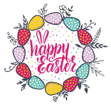 Paskalya çelengi. Karikatür çiçekli dallar ve tatil logosu etrafında yumurtalar, bahar gününün sevimli elementleri, beyaz arka planda izole edilmiş güzel dekorasyonun vektör çizimi.