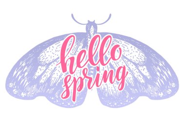Merhaba, el yazısı olan Spring vektör illüstrasyonu. Şablon rozeti, çıkartma, afiş, tebrik kartı veya etiket. Fırça kalem harfleri ve kelebekler, pastel renklerde.