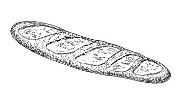 Uzun Loaf Ekmek Vektör Çizimi. Fransız Baget Vektör çizimi beyaz arka planda izole edilmiş Fransız baget ekmeği. Logo için beyaz, fırın ve kafe temasına izole edilmiş fırın ürünleri