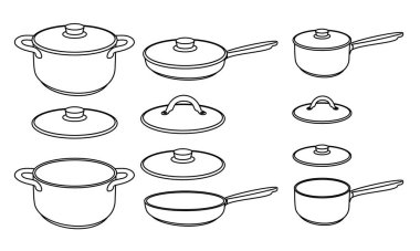 Set of frying pan and different pots isolated on white background. Vector illustration. Vector set of kitchen pots and pans with lids. Design template for graphics. Kitchen pots and pans with lids.