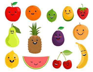 Happy cute smiling fruit face set. Vector flat kawaii cartoon character illustration icon collection. Kawaii emoji fruit. Apple, lemon, banana, orange, pear, pineapple, cherries, strawberry.