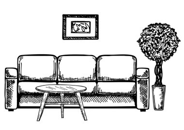 Bir iç mekanın doğrusal çizimi. Çizim tarzının el çizimi vektör çizimi. Günümüz modern el çizimleri.