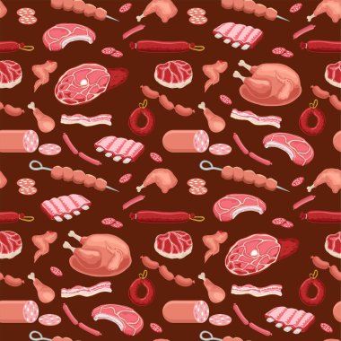 Et pürüzsüz desen. Kasap dükkanı tasarımı için et ürünleri arka planı. Biftek, domuz kaburgası, fileto, dilimlenmiş pastırma, taze et sosisi, salam, sosis, sosis, şnitzel, jambon, tavuk..