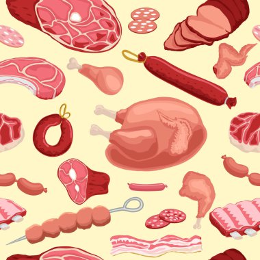 Et pürüzsüz desen. Kasap dükkanı tasarımı için et ürünleri arka planı. Biftek, domuz kaburgası, fileto, dilimlenmiş pastırma, taze et sosisi, salam, sosis, sosis, şnitzel, jambon, tavuk..