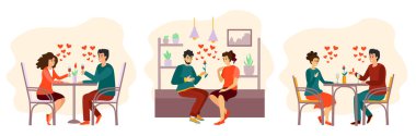 Sevgilisi olan çiftlerle romantik bir akşam yemeği. Beyaz arka planda izole edilmiş romantik çiftler koleksiyonu. Birbirine aşık kadın ve erkeklerin portreleri.