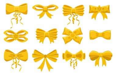 Altın yay. Karikatür sarı kurdeleler Noel hediyeleri, hediye kartları, sunumlar ve beyaz arka planda izole edilmiş lüks paket paketleri için ayarlandı. Vektör illüstrasyonu