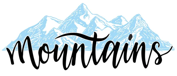 Tangan digambar inspirasi label gunung. Tulisan tangan tinta gunung. Ilustrasi Sketch dengan kutipan. Lambang tipografi - Stok Vektor