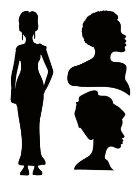 Afro-Amerikalı genç kadın yüzü ve yüz şekli vektör siyah siluetleri. Afrikalı Amerikalıların siluetleri. Kadın profili. Beyaz tenli, Afro-Amerikalı bir kadın..