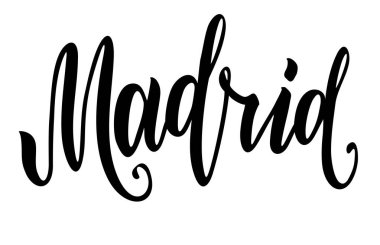 Madrid kaligrafisi. İspanya 'nın başkenti. Mürekkep el yazısı. Modern fırça kaligrafisi. Beyaz arka planda izole edilmiş. Kartpostal, tişört, poster, tipografi kartı, poster tasarımı için kullanılabilir