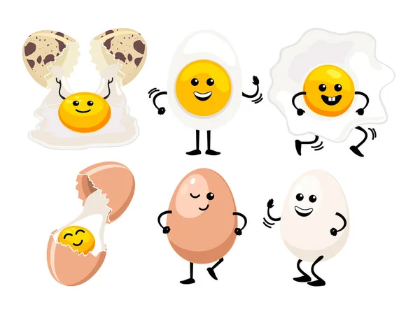 Caras de ovo giras. Ovos Kawaii postos. Easter eggs friends with funny face vector set, friendly caricatura café da manhã ovos pessoas isoladas no fundo branco — Vetor de Stock