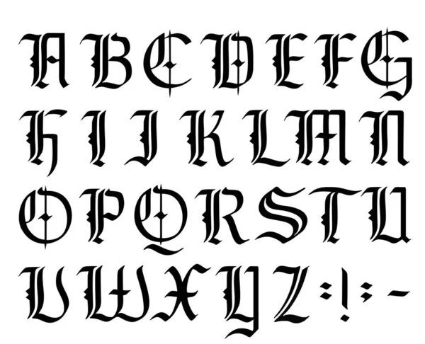 Vector modern gotisch alfabet. Vintage lettertype. Gothic Font Hand getrokken vector. Typografie voor etiketten, krantenkoppen, affiches etc. Kalligrafie en letters. Middeleeuwse Latijnse letters. Elegant lettertype voor tattoo. — Stockvector