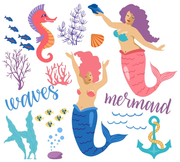 Set of vector colorful Mermaids and sea elements. Mermaids, fish, starfish, seaweed, various shells and seahorse. Marine theme. Isolated objects on a white background. Mermaids cartoon illustration — Stockový vektor
