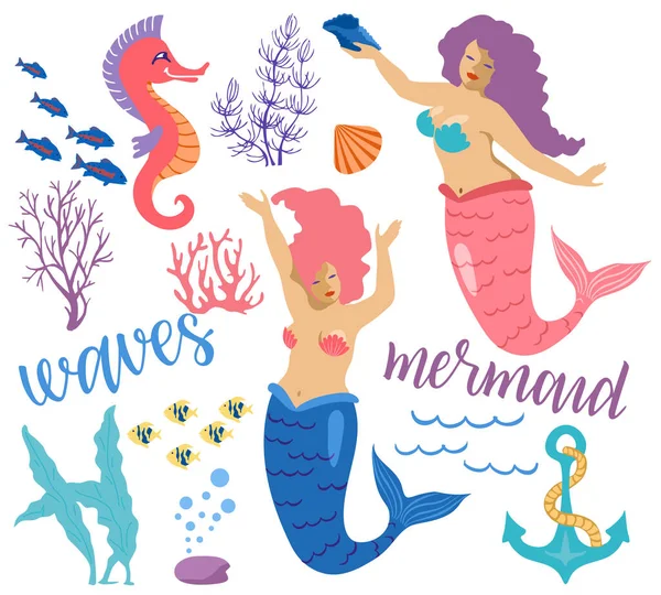 Set of vector colorful Mermaids and sea elements. Mermaids, fish, starfish, seaweed, various shells and seahorse. Marine theme. Isolated objects on a white background. Mermaids cartoon illustration